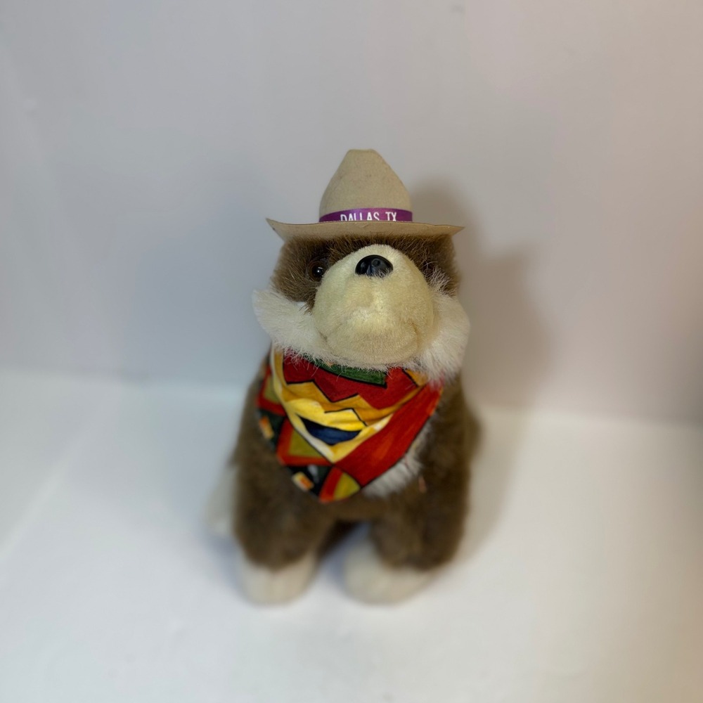 Dallas TX Souvenir Cowboy Wolf Plush Brown White Dog Bandana Hat 11in